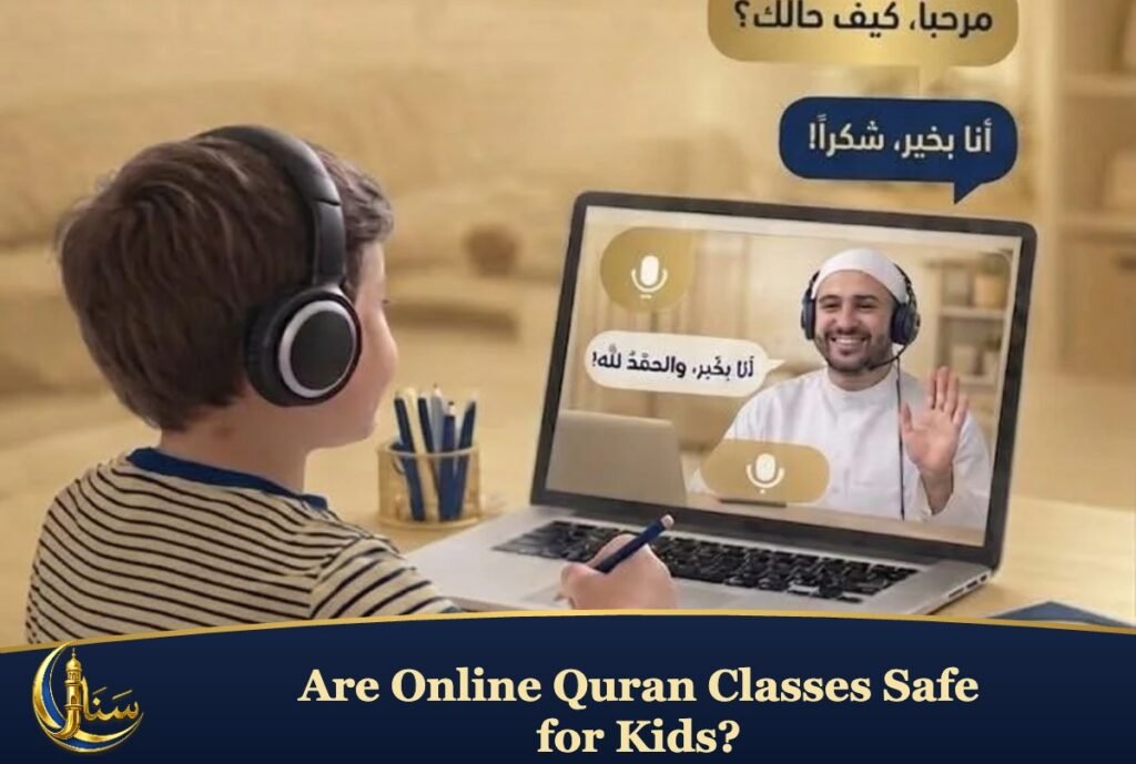 A child with headphones in an online lesson with a teacher on a laptop at home