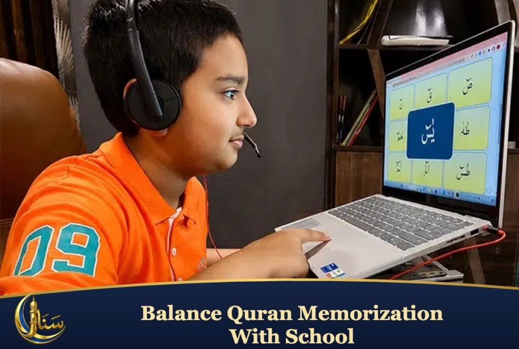 A boy with headphones studying on a laptop at home