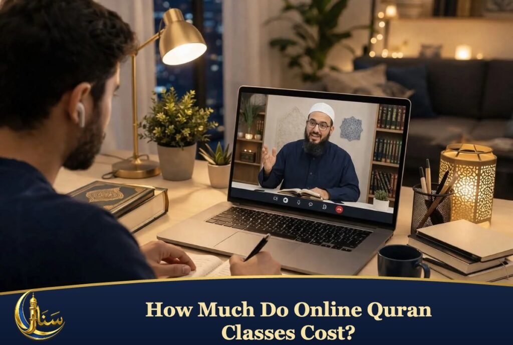 A student following an online Quran lesson with a teacher on a laptop