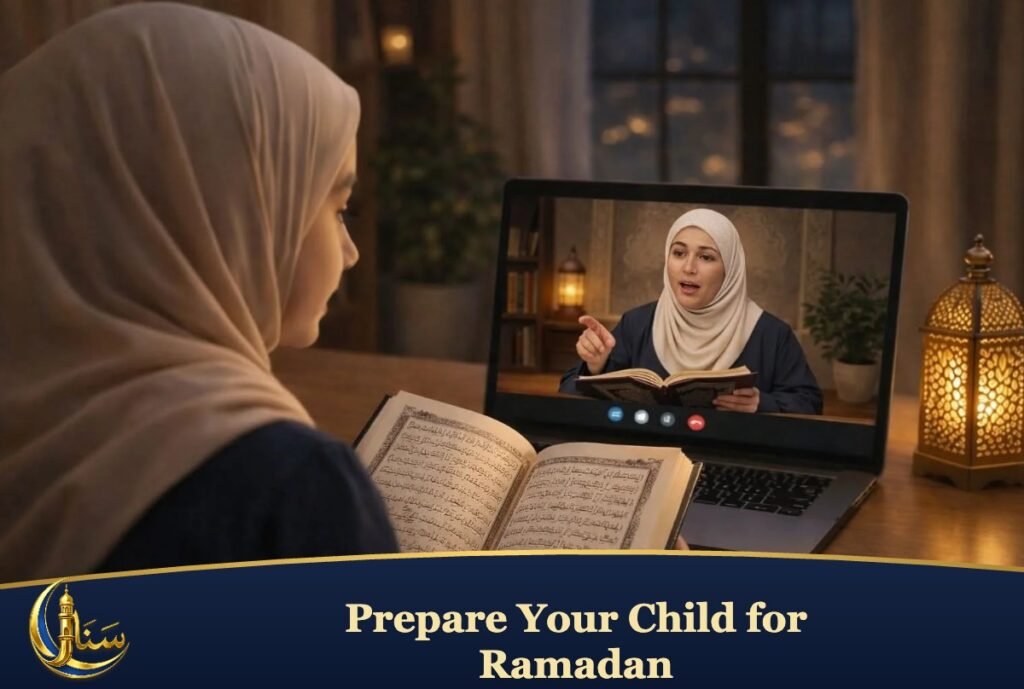 A woman reading the Quran while a teacher guides her on a laptop in a warm candle-lit room